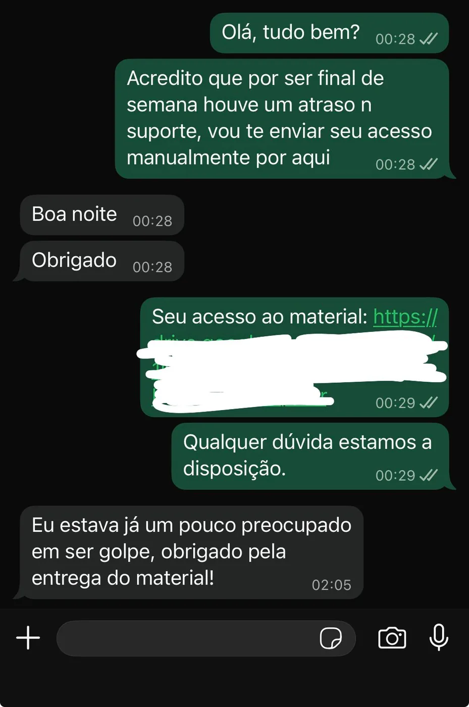 Mensagem de aluno agradecendo a entrega do material